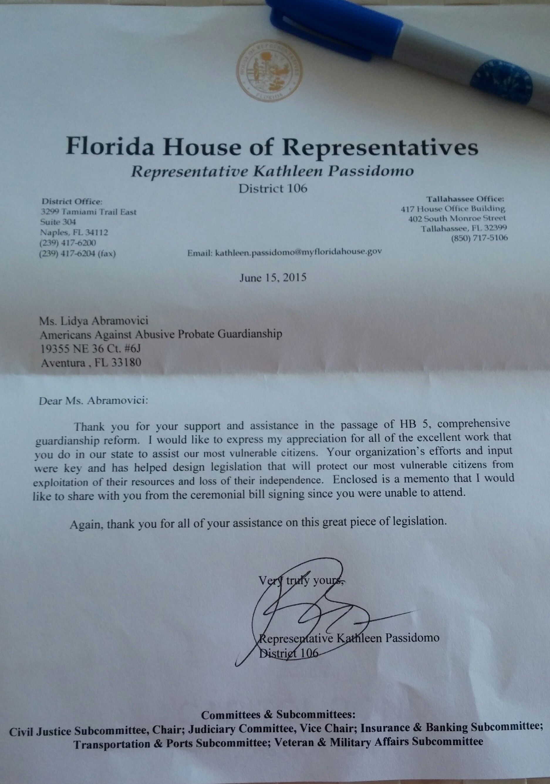 20115-06-22 Thank you letter from Rep Passidomo upon passage of HB 5
